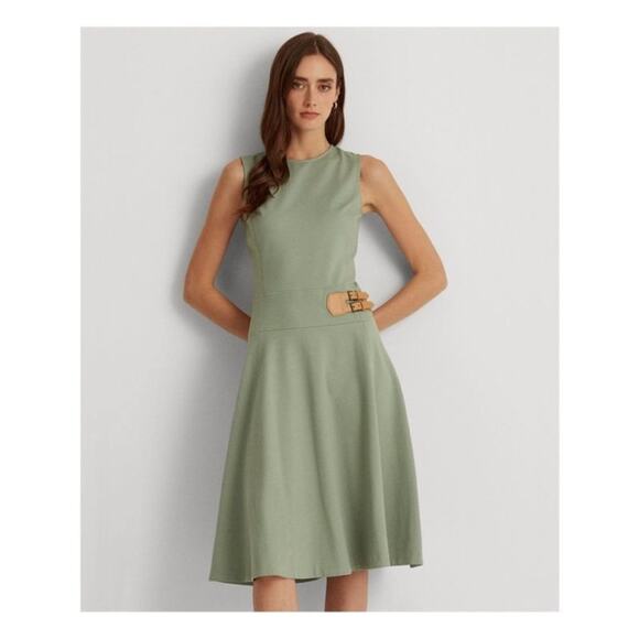LAUREN RALPH LAUREN Dress 16 Faux-leather Double Buckle Sleeveless Fit and Flare - Picture 3 of 15